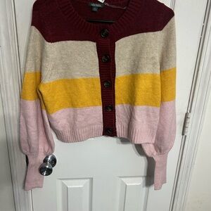 wild fable Maroon, Cream, Yellow & Pink Striped Button Cardigan Sweater